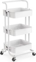 Pipishell 3 Tier Mesh Utility Cart, Rolling Metal Organization Cart with Handle and Lockable Wheels, Multifunctional Storage Shelves for Kitchen Living Room Office White