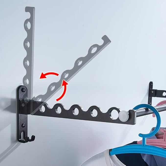 Small Wall Clothes Rail, Aluminium Foldable Drying Rack Hook 90° Rotation Coat Hanger for Laundry Bathroom Balcony (Black Fixed Seats+Rod)
