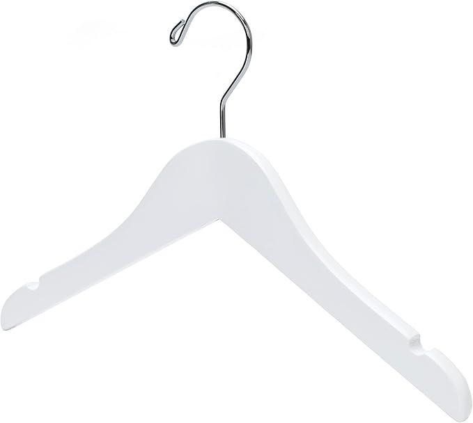 Quality 12 Inch White Kids Wooden Hangers - Children Hangers with Multifunctional Notches & 360 Degree Swivel Chrome Hook - Kid Coat Hangers for Clothes Size 8 and Smaller (White, 20)