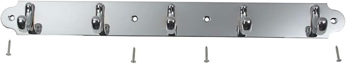 Renovators Supply Chrome Plated Brass Robe Hook Rack 15.5 Inches Wide Modern Metal Wall Mounted Coat Holder Hanger with 5 Organizer Rail Hooks Includes Mounting Hardware