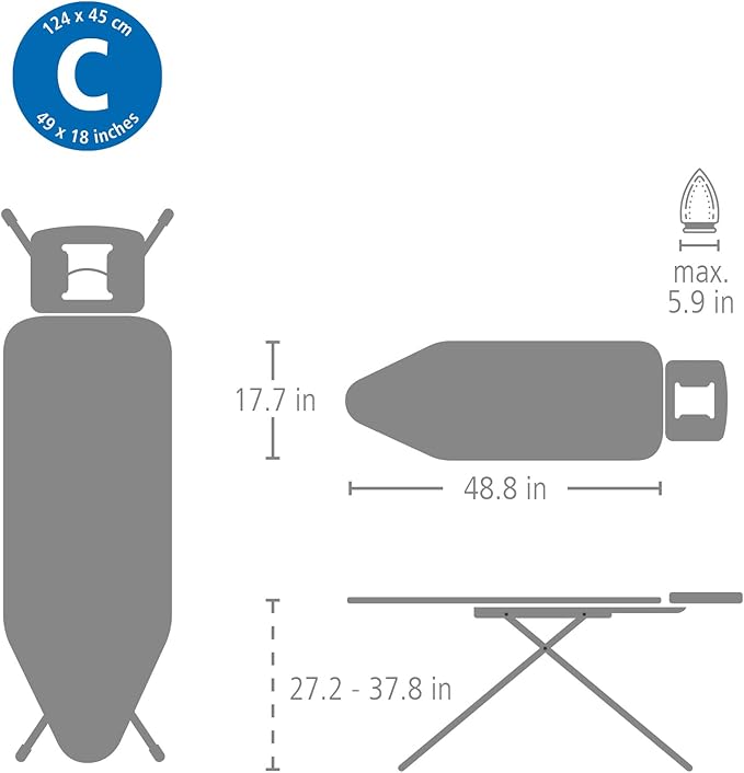 Brabantia Size C Ironing Board (49x18 in) 7 Height Options, Solid Steam Iron Rest Holder (Denim Blue) Non-Slip Feet, Anti-Collapse Child Locks