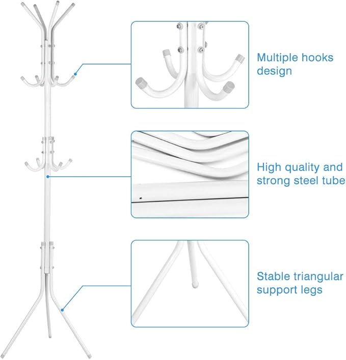 Ejoyous Coat Rack Stand, 10 Hooks Free Standing Hat Hanger Metal Hall Tree Clothes Holder Storage Stand for Home Enterway Entryway Hanging Jacket, Garment, Scarves, Handbags, Umbrella (White)