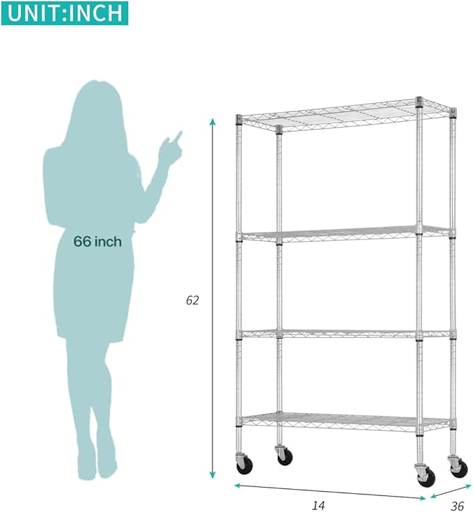 YRLLENSDAN Storage Shelves with Wheels, Heavy Duty 4 Tier Garage Storage Rack, Adjustable Wire Shelving Unit, Metal Shelf Organizer for Pantry, Kitchen, Basement, 36" W x 14" D x 62" H, Chrome