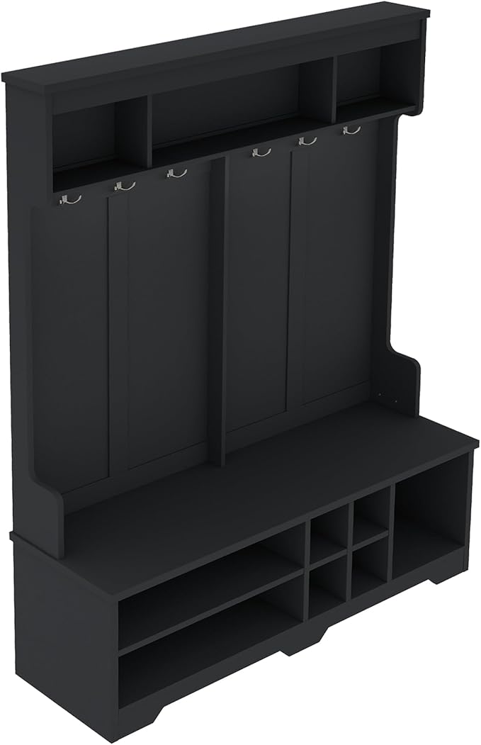 60 inch Hall Tree with Bench and Shoe Storage, Shelf, Wood Hall Tree with 6 Hooks/Mudroom Bench with Storage and Hooks, Hall Trees for Entryway, Hallway, Living Room, Black