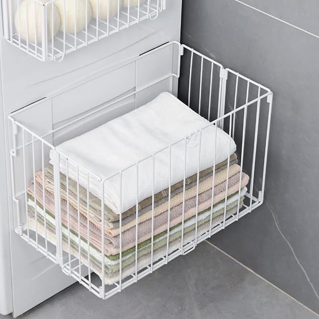 Magnetic Collapsible Laundry Basket, Foldable Metal Laundry Hamper for Washing Machine Side, Space Saving Pop Up Hamper, Laundry Room Organization and Storage (White)