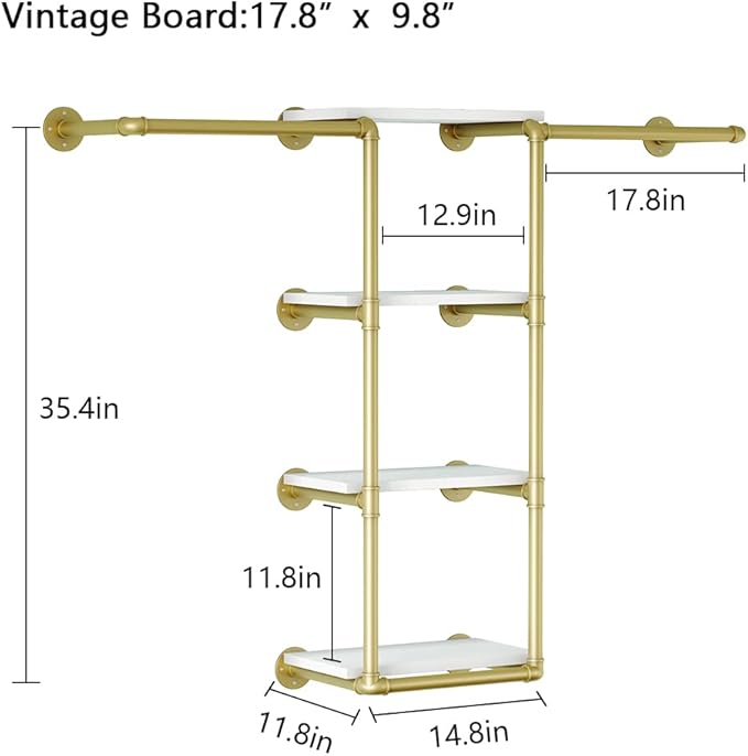Wall Mounted Pipe Clothing Rack with Shelf,Gold Industrial Clothes Rack with 4 Tier Closet Bar Heavy Duty Iron Garment Rack, Retail Display Clothes Rod for Hanging Clothes,Laundry Room (Gold)