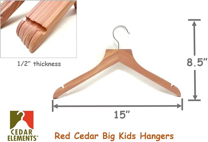 Cedar Elements Big Kids Cedar Hangers – French Flat Top Style 12 Pack for Kids Size 4T-10 (No Pant Bar)