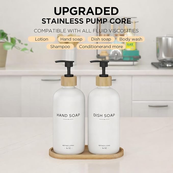 Hand and Dish Soap Dispenser Set,16oz Glass Bottles with Printed Labels, Bamboo Tray & Pump,Countertop Soap Dispensers for Kitchen,Luxury, Minimalist & Farmhouse Decor (Hand Dish (White))