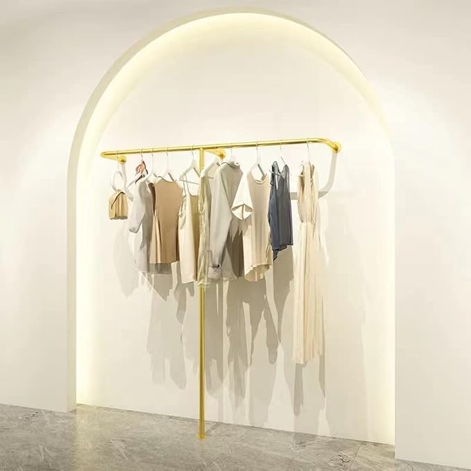 Industrial Pipe Clothes Rack, Heavy Duty Wall Mounted Black Iron Garment Bar,Retail Display Rack Closet Storage Clothes Organizer (47.2, Gold)