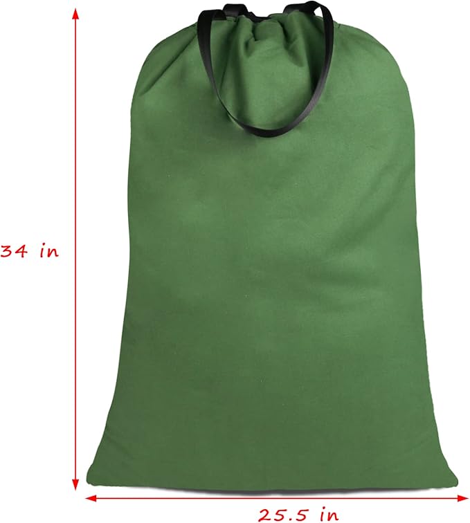Sanlykate Large Canvas Cotton Laundry Bag with Drawstring & Handles, Heavy Duty Durable Dirty Clothes Organizer, Tear Resistant Hamper Liner Storage Bag, Travel Sack, 25.5 x 34inch - Army Green