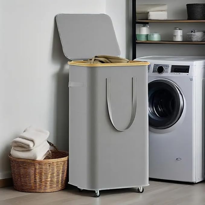 Large Laundry Hamper with Wheels, 60L Rolling Laundry Basket with Lid & Handle, Heavy-Duty Mobile Clothes Hamper, Slim Rolling Design with Removable Bag (Grey)