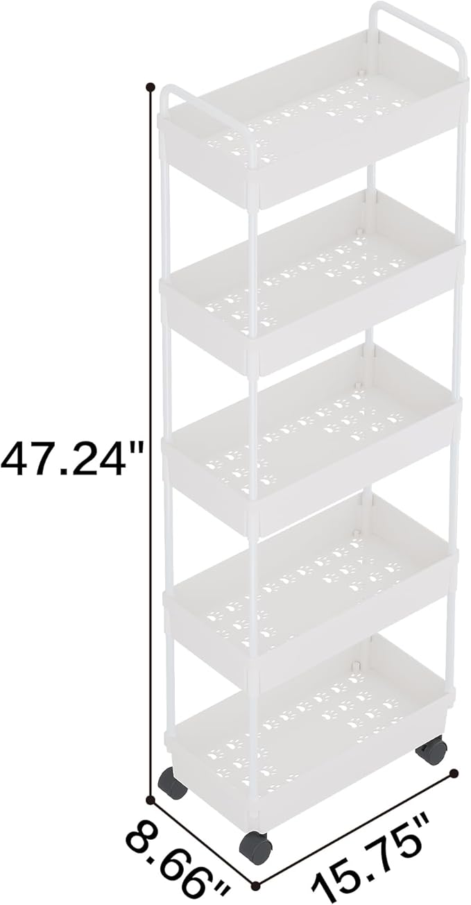 Buzowruil Rolling Storage Cart 5 Tier Organizer Mobile Shelving Unit Storage Rolling Utility Cart with Wheels for Kitchen Bathroom Laundry,White