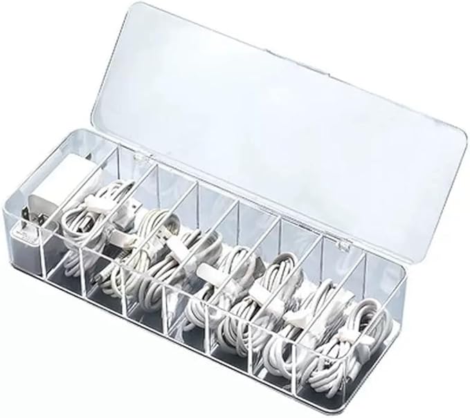 Clear Cable Management Box with Lid, 26x9x5.5cm, Desktop Cord Organizer with Compartments (1, 10.2 x 3.5 x 2.2)
