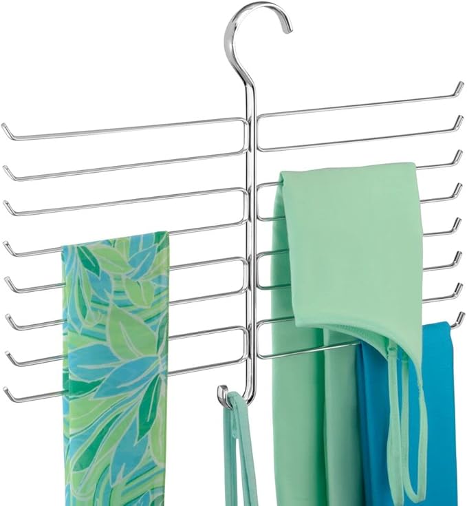 mDesign Metal Closet Rod Hanging Accessory Storage Organizer Rack for Scarves, Ties, Yoga Pants, Leggings, Tank Tops - Snag Free, Geometric Design, 16 Arms/1 Hook - Spira Collection - Chrome