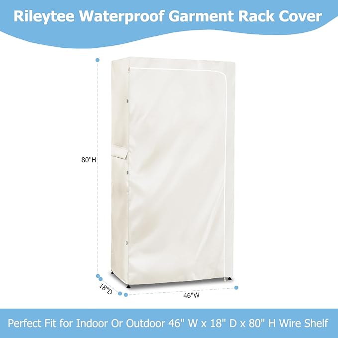 Rileytee Garment Rack Cover,600D Heavy Duty Waterproof Clothing Rack Cover,Clothes Rack Cover with Zipper for Metal Garment Rack(White,46"W x 18"D x 80"H,Cover Only）