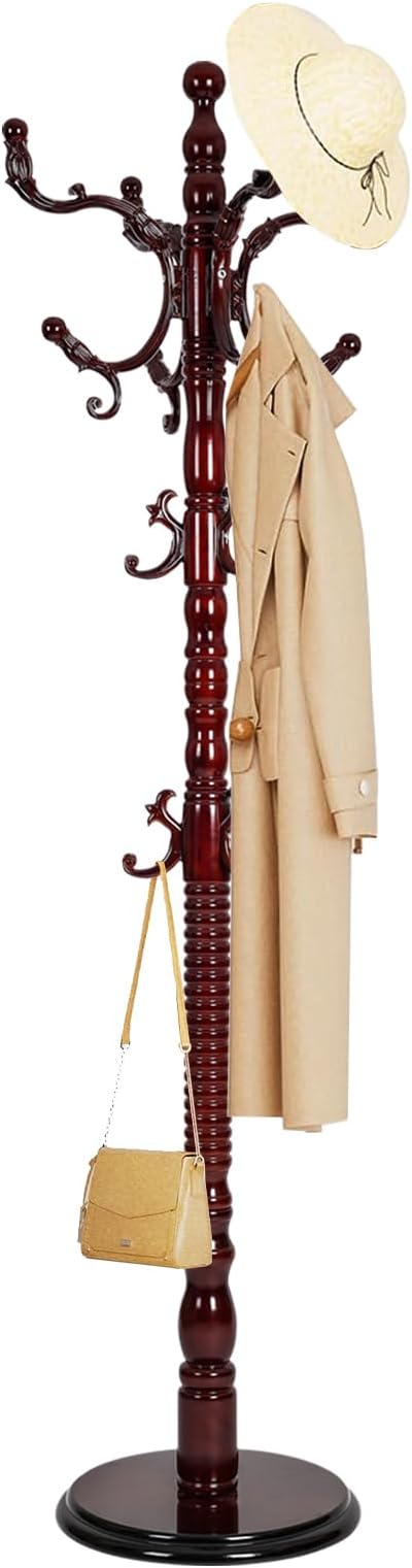 Solid Wood Coat Rack, Free Standing Hall Coat Tree with 14 Hooks, 3 Height Options, 300lbs Load, Stury Base, Clothes Rack for Entryway, Hallway, Bedroom (Disc Base - Rosewood)