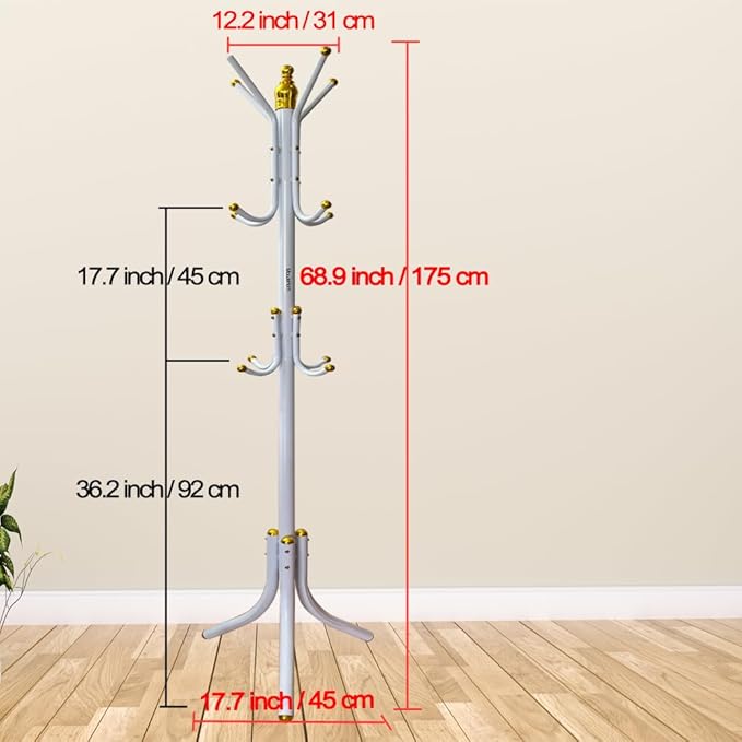 Free-Standing Coat Rack Metal Stand Hanger 12-Hooks Organizer, Hall Tree Entry-Way Furniture for Hanging Up Jacket, Hand-Bag, Cloth, Hat, Winter Scarf Holder for Home or Office Floor White