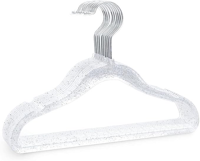 10Pcs Clear Clothes Hangers, 15.7 inch Plastic Glitter Transparent Hangers Thin Space Saving Coat Hanger for Jackets, Pants, Suits, Shirts, Skirts, Dress Clothes (Silver)
