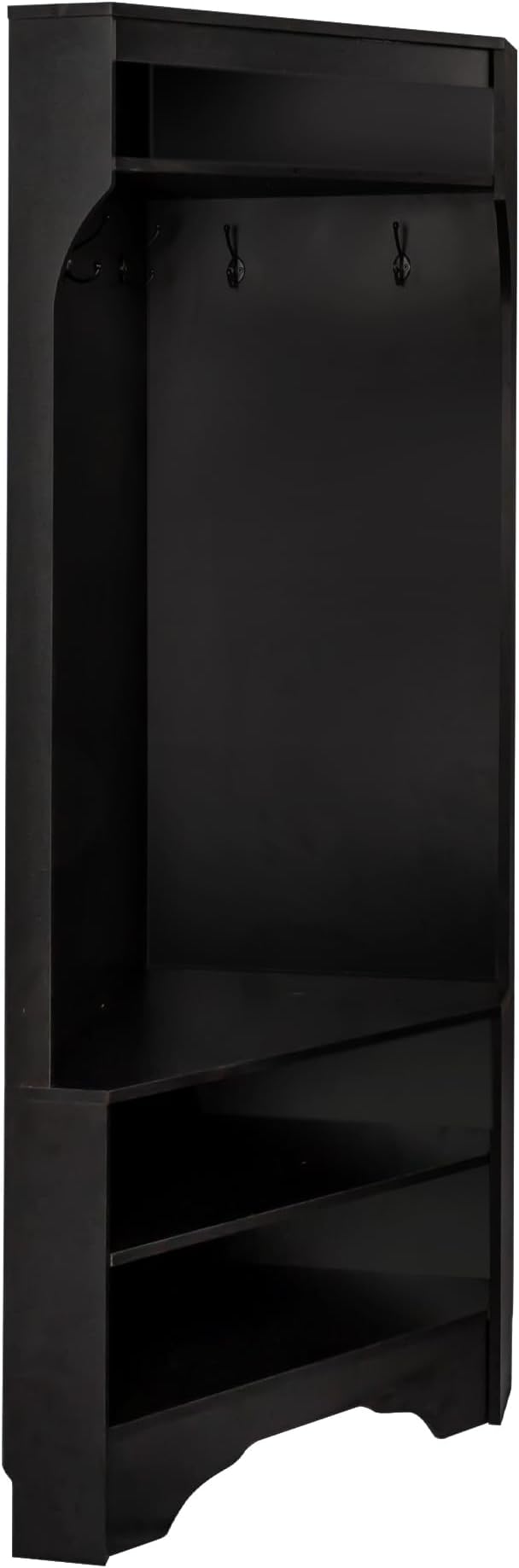 All in One Hall Tree, Minimalist Corner Hall Tree with Shoe Bench, Corner Cabinet with Adjustable Shelf and 4 Hooks, Versatile Entryway Coat Rack for Hallway, Living Room (Black/40)