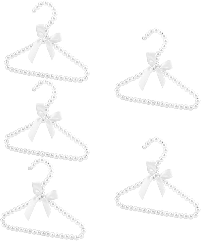 AHANDMAKER 5 Pack Pearl Beads Metal Elegant Clothes Hangers, Small Pet Hanger Plastic Pearl Beaded Clothes Hangers, for Pet Cats and Dogs, Puppet Clothes (Linen)