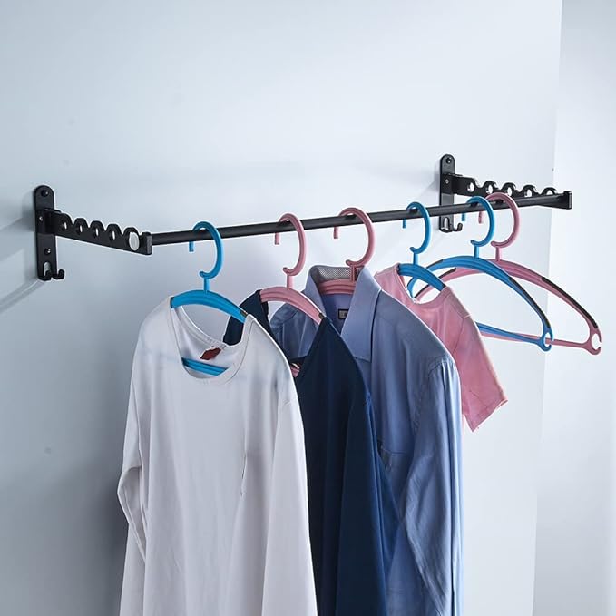 Small Wall Clothes Rail, Aluminium Foldable Drying Rack Hook 90° Rotation Coat Hanger for Laundry Bathroom Balcony (Black Fixed Seats+Rod)