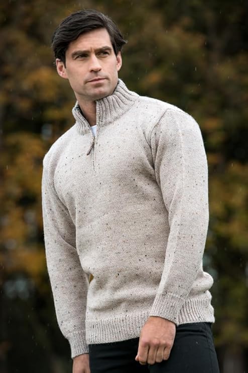 Aran Crafts 1/4 Zip Plain Sweater 100% Wool, Made in Ireland
