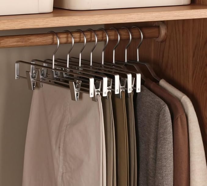 Premium Matte Silvery Aluminum Pants Clip Hanger 10 Pack, 12” Extra Smooth & Durable Metal Shirt Dress Aluminum Alloy Hanger,Clothing Support,Clothing Hang