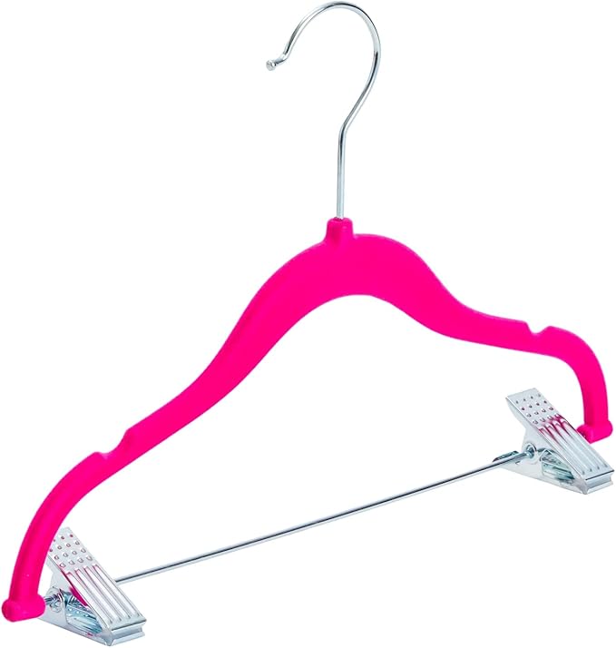 Juvale Kids Hangers with Clips - 12 in, Hot Pink, Velvet, 24 Pack - Nonslip & Space Saving Pink Hangers with Clips & 360° Swivel Hooks