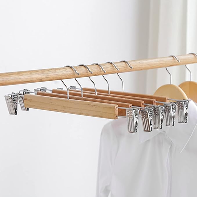 Tosnail 15 Pack 14" Natural Wooden Hangers Skirt Pants Clothes Hangers with Clips and 360° Swivel Hook, Heavy Duty Jeans Hangers - Natural