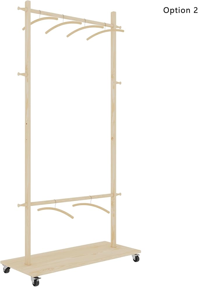 CHANCEE Solid Wood Garment Rack with 6 Wooden Hangers, Adjustable Shelf and Wheels, Space-Saving Clothes Drying Rack for Bedroom, Living Room, or Entryway