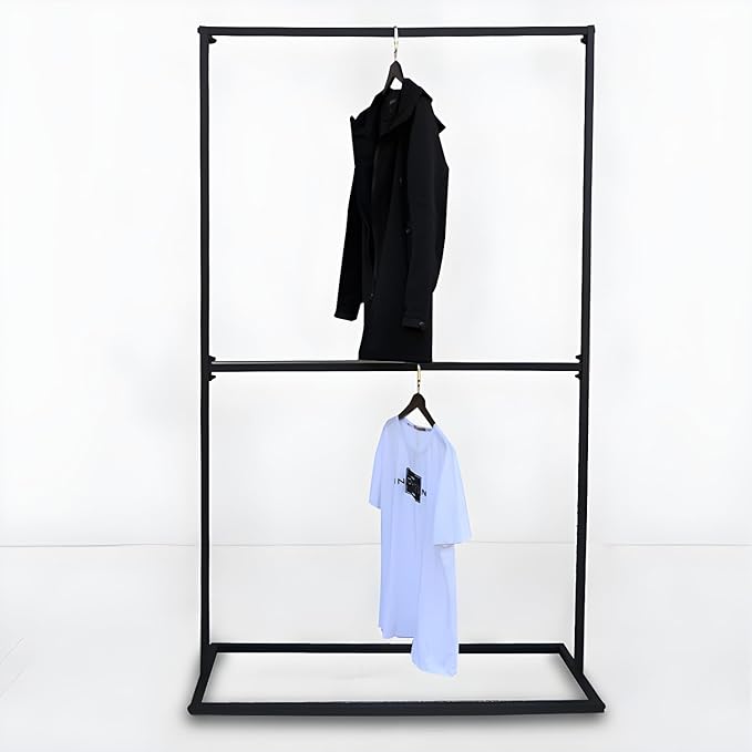 LITFAD Contemporary Metal Hall Tree Hang Garment Lever Hall Stand Free Standing Clothes Hanger Clothing Store Coat Rack in Black - 39.5" L x 16" W x 71" H Double Clothing Rod