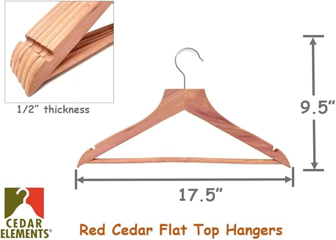 Cedar Elements Flat Top Cedar Hangers – French Style 12 Pack for Adult Size (with Pant Bar)