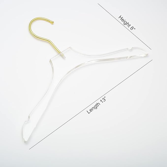 HomeCube USA Clear Acrylic Clothes Hanger with Gold Hooks – Heavy Duty Lucite Closet Organizer, Elegant & Sturdy for Shirts, Dresses, Coats, Suits & Boutique Use (5, Small 13")