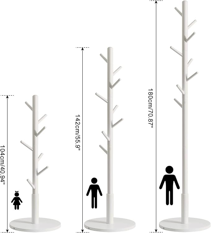 IBUYKE Coat Rack Stand, Freestanding Coat Tree with Solid Round Base and 8 Hooks, Easy Assembly Wooden Coat Hanger, Clothes Rack for Hallway Entryway, Living Room, Bedroom, Office, White WD-114
