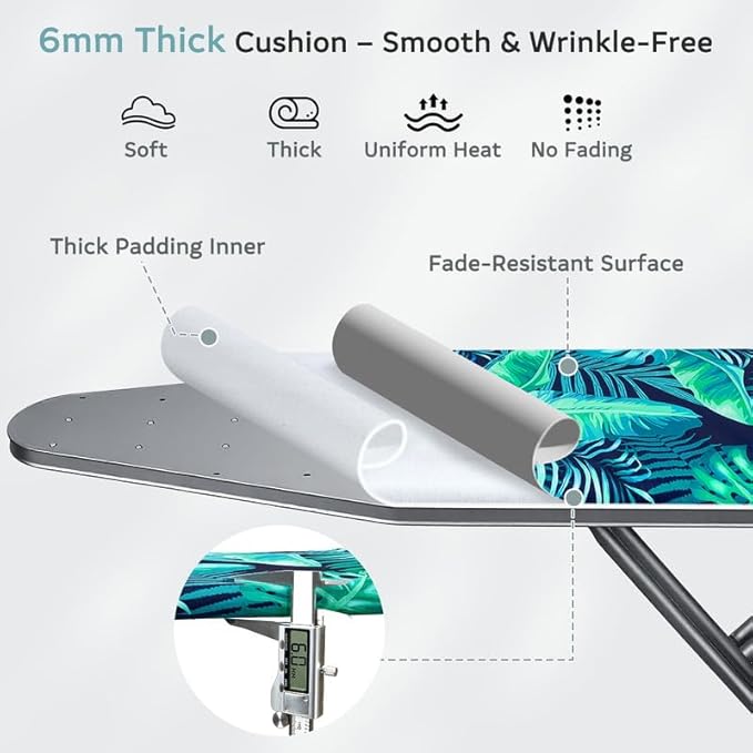FIOBEE Ironing Board Cover and Pad Extra Thick Iron Board Pad with Heat-Resistant Mesh Padded Iron Board Covers Adjustable Buckle & Elastic Edges for 15x54 Standard Size Ironing Board, Green Leaf