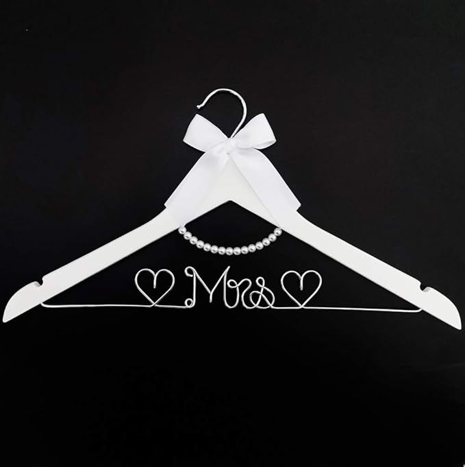Bridal Dress Hanger Solid Wood Dress Hangers Mrs Letter Hanger Wedding Gift (Silver White Hangers and Pearls)
