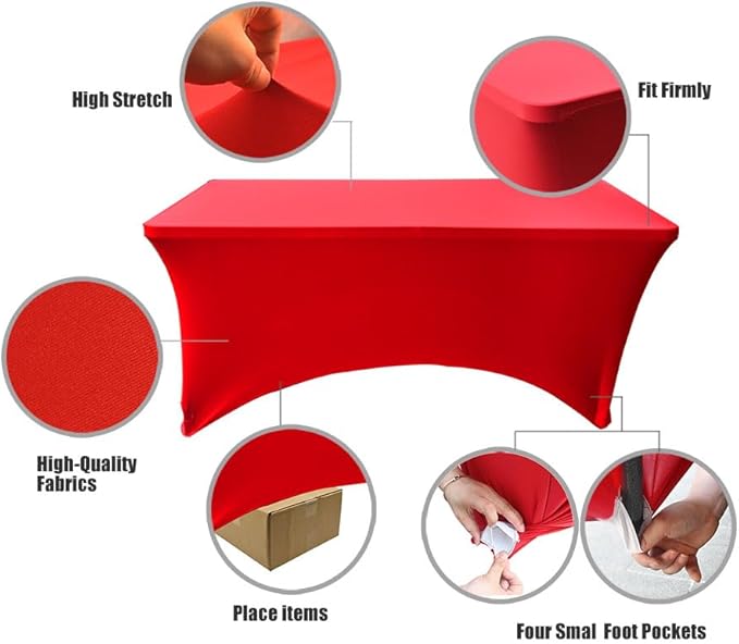 4 Pack - Elegant Red Stretch Spandex Table Cover (48Lx24Wx30H Inches), Non-Iron Fitted Tablecloth for 4-Foot Rectangular Folding Tables -Ideal for Banquets, Weddings & Festivals