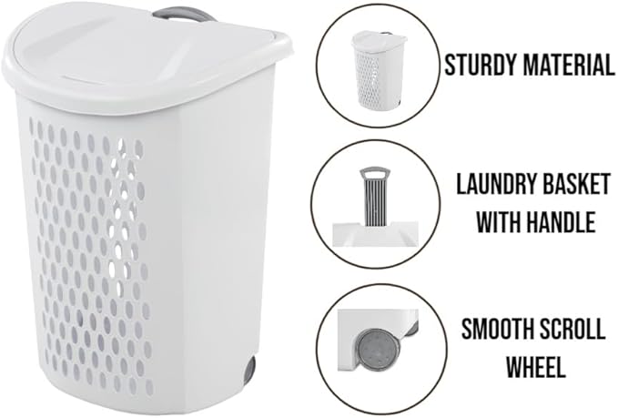Wheeled Laundry Hamper with Handle for Easy Transport, White Plastic Clothes Hamper Basket with Lid