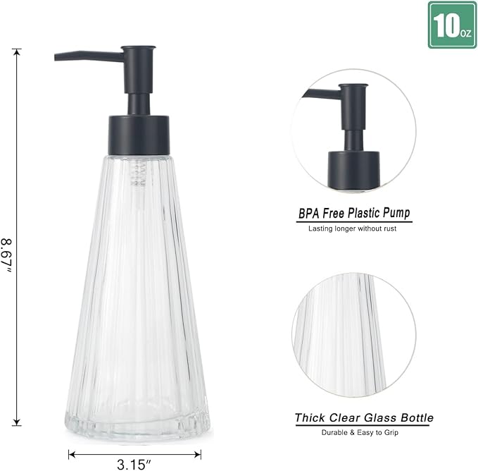 10oz/300ml Glass Hand Soap Dispenser with Black Rust Proof Pump, Elegant and Beautiful Clear Color