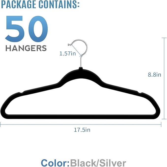 TIMMY Premium Velvet Hangers - Space-Saving Non-Slip Heavy-Duty Black Hangers for Coats, Suits and Sweaters-Closet Organizer-Pack of 50