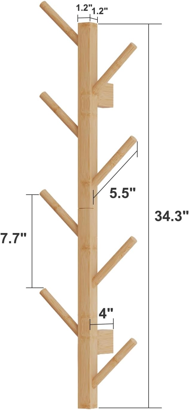 Coat Rack Wall Mount,Bamboo Vertical Hat Rack for Wall,Wall Coat Tree,Coat Hanger,Floating Coat Rack for Hats,Jackets,Bags,Entryway Bedroom (Natural)