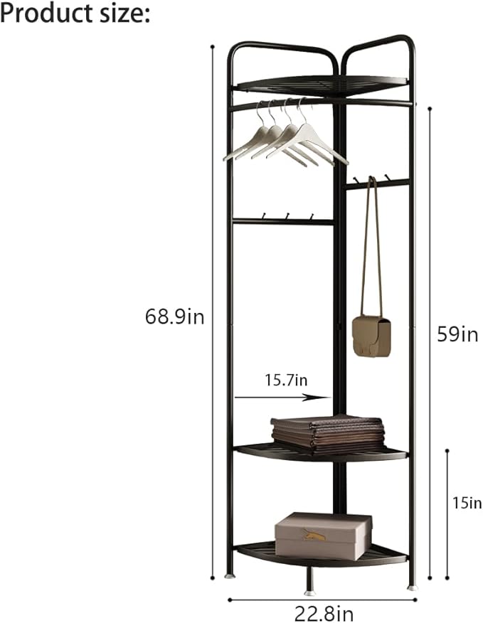 corner coat rack,corner clothing rack with 6 hooks and storage shelf,metal clothes rack coat stand for Entryway, Bedroom