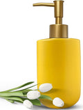 Liquid Soap Dispenser for Bathroom with Gold Pump，Dish Soap Dispenser for Kitchen,Refillable Countertop Lotion Ceramics Yellow Hand Soap Dispenser for Shower 420ml (Cylindrical Yellow Bottle)