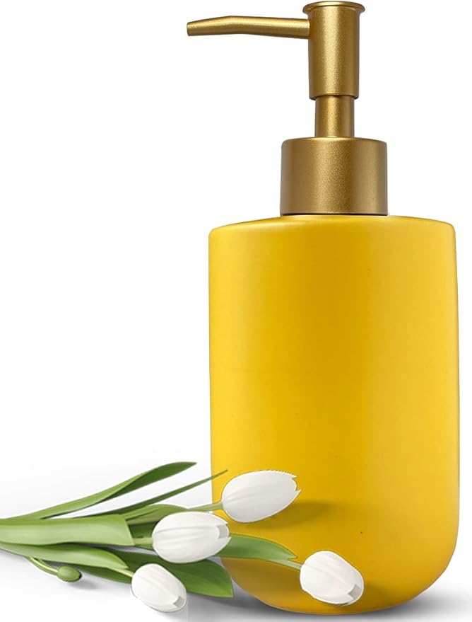 Liquid Soap Dispenser for Bathroom with Gold Pump，Dish Soap Dispenser for Kitchen,Refillable Countertop Lotion Ceramics Yellow Hand Soap Dispenser for Shower 420ml (Cylindrical Yellow Bottle)