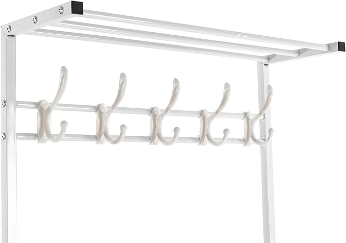 Coat Rack Shoe Bench, 23.62"x62.99" Entryway Stool with Coat Rack, Coat Rack Shoe Stool 3-in-1 with Stool and Shoe Storage, 5 Flexible Hooks, PU Cushion (White)