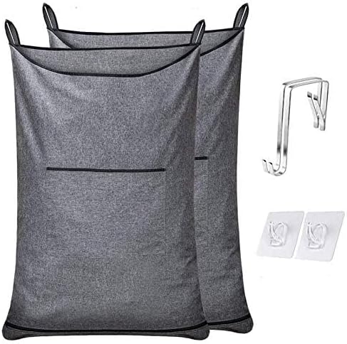XL Hanging Hamper, Over The Door Hamper with Free Hanging Hooks, Space Saving Over Door Laundry Bag and Laundry Basket for Storage, 2 Pack, (36x22Inch Pop Heather Grey)