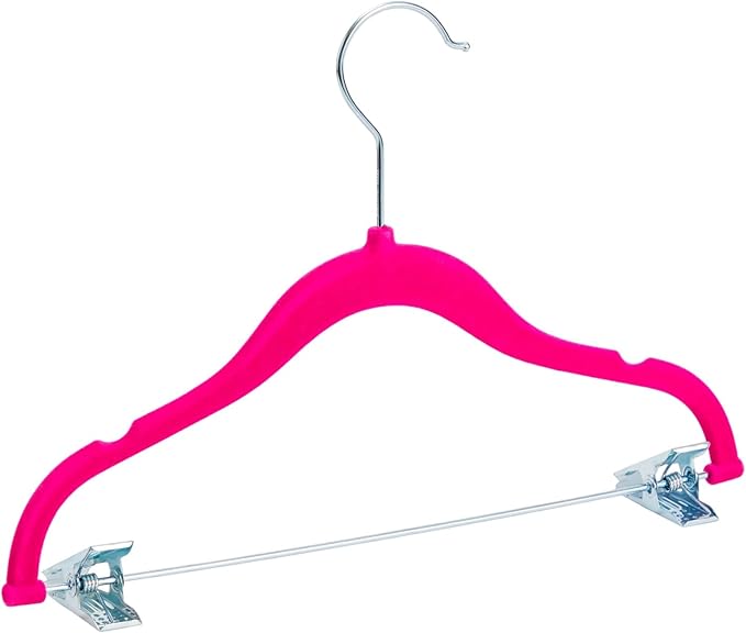 Juvale Kids Hangers with Clips - 12 in, Hot Pink, Velvet, 24 Pack - Nonslip & Space Saving Pink Hangers with Clips & 360° Swivel Hooks