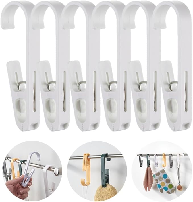 6Pcs Laundry Hooks with Clips Hanger Closet Organizer Clamps Hanging Socks Boot Bras Towels Shower Pegs for Bathroom Wardrobe Kitchen Office Holders Clothes Pins Outdoor, White