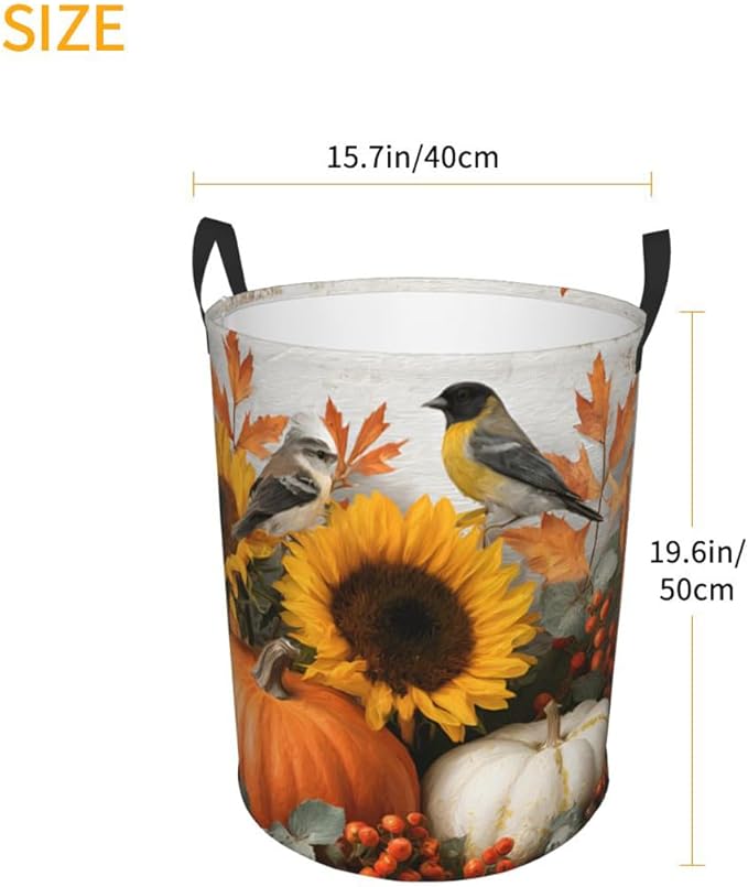 Fall Harvest Laundry Hamper, Decorative Sunflower Pumpkin Design, For Bathroom/Laundry Storage/Bedroom 19.6x15.7 Inch