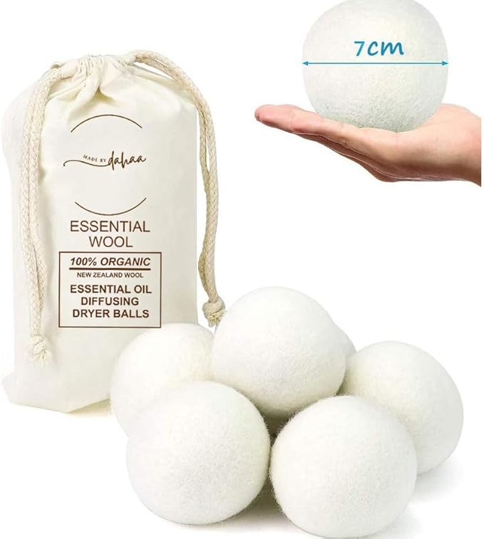 Dahaa Wool Dryer Balls-Natural Fabric Softener, Reusable, Reduces Clothing Wrinkles and Saves Drying Time, 6 Pack XL Premium Organic Fabric Softener Hypoallergenic Hand-Felted Laundry Balls for Dryer